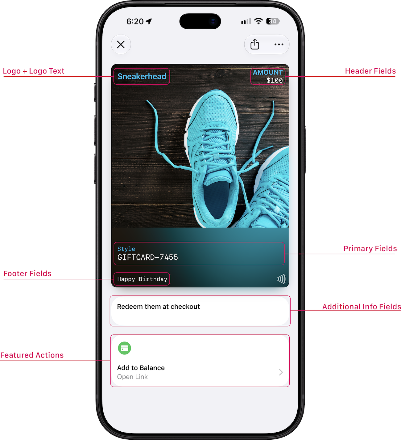 Poster Generic layout anatomy showing Logo, Header Fields, Primary Fields, Footer Fields, Additional Info, and Featured Actions